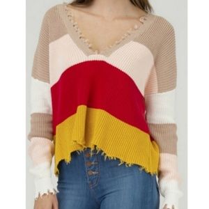 Fate Distressed Color Block  V Cut Sweater Top Striped 100% Cotton Large